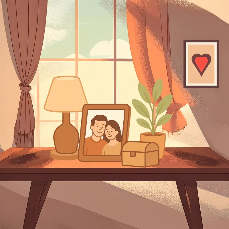 Ilustración minimalista de una mesa con lámpara, portarretratos, planta y cofre decorativo junto a una ventana iluminada.
