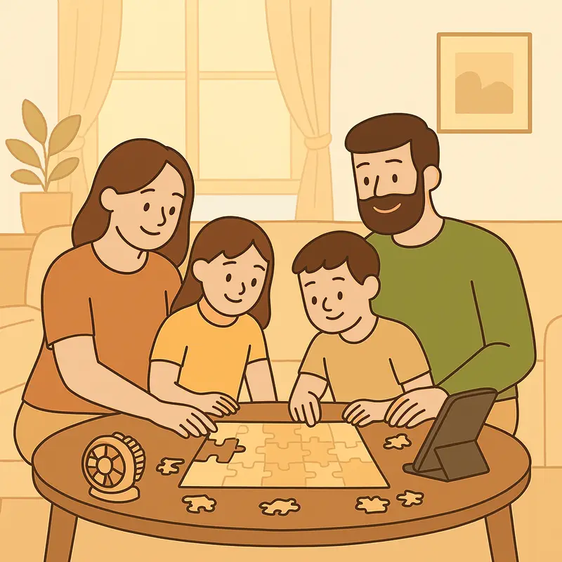 Ilustración digital de una familia armando un rompecabezas en la sala de su casa iluminada, en un ambiente tranquilo y acogedor.