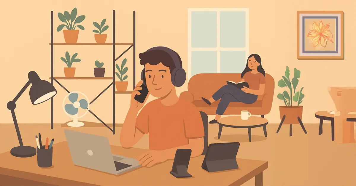 Ilustración de un espacio tranquilo de hogar y oficina con un hombre trabajando y una mujer leyendo