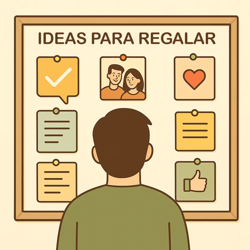 Siempre hay algo que te hace feliz. Ilustración digital de una persona observando un tablero con ideas para regalar, acompañado de íconos como un check, corazón, una pareja y tarjetas con recomendaciones confiables de producto basadas en experiencias reales y de lo que ha funcionado.