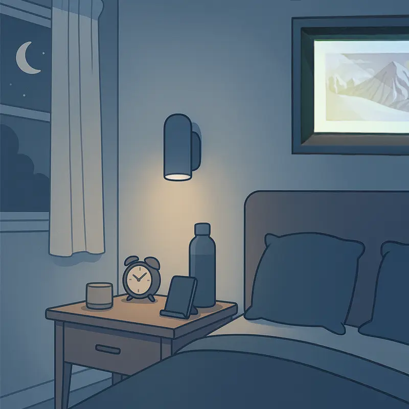 Ilustración minimalista de mesa de noche con lámpara, reloj, termo y soporte para celular en un dormitorio iluminado suavemente por luz nocturna.