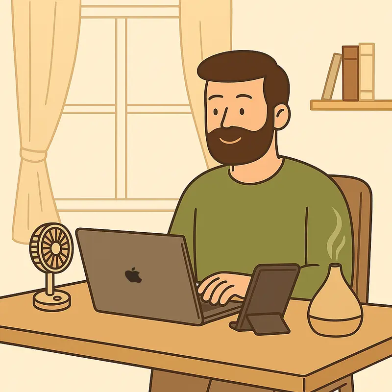 Ilustración digital de un hombre trabajando en su escritorio con laptop, tablet, ventilador portátil y difusor de aromas, en una oficina iluminada y tranquila.