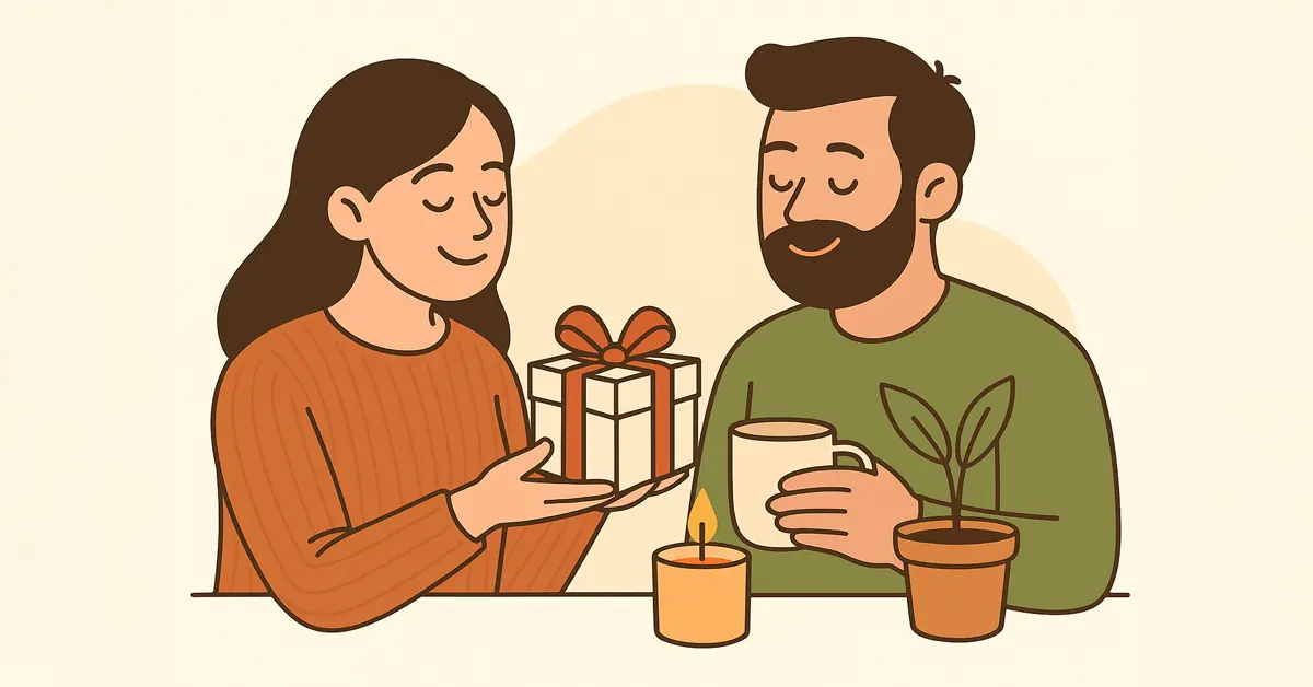 Ilustración minimalista de una pareja, la mujer con un regalo en las manos, en un ambiente tranquilo y acogedor.