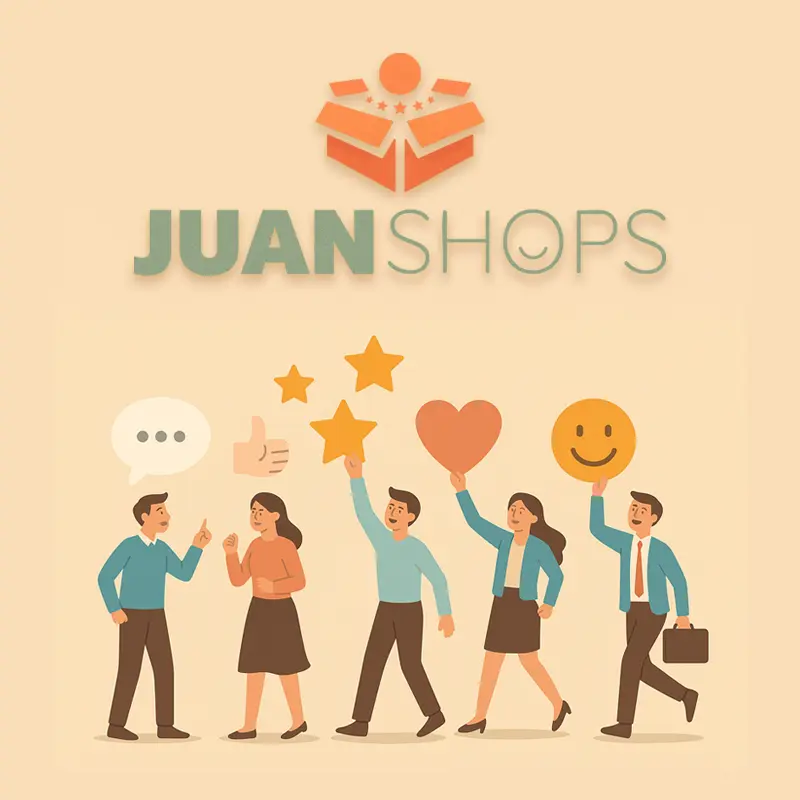 Ilustración digital de personas felices con las recomendaciones confiables de productos que JUAN SHOPS les ofrece en el blog. Elos reciben a Juan con los brazos alzados, rodeadas de íconos como estrellas, corazón, cara feliz, pulgar arriba y burbuja de diálogo.