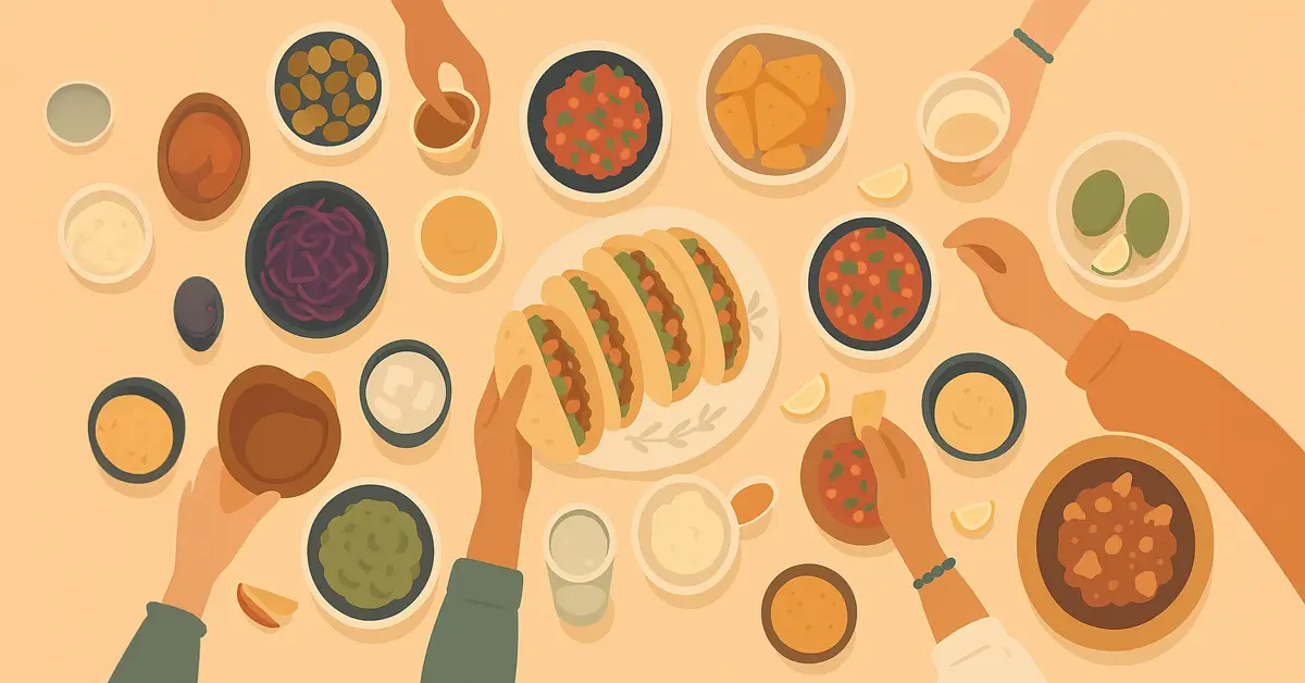 Ilustración plana de mesa compartida con comida estilo casero vista desde arriba, representando recetas recomendadas en Juan Shops