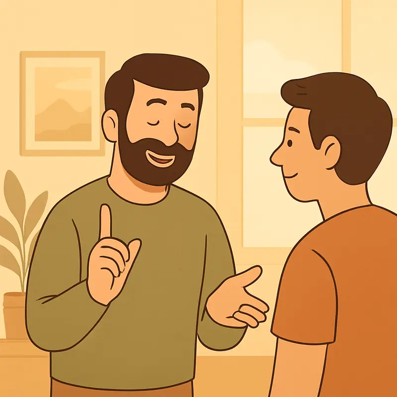 Ilustración digital de dos personas conversando en un ambiente cálido, una de ellas con expresión amable y gesto de recomendación confiable de algún producto. El hombre le está diciendo que su propósito no es vender, es recomendar con base en su experiencia real con productos.