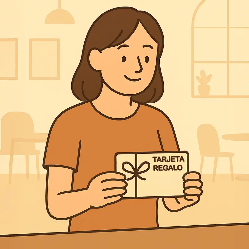 Ilustración de una joven entregando una tarjeta de regalo en un restaurante, en un ambiente luminoso y acogedor.