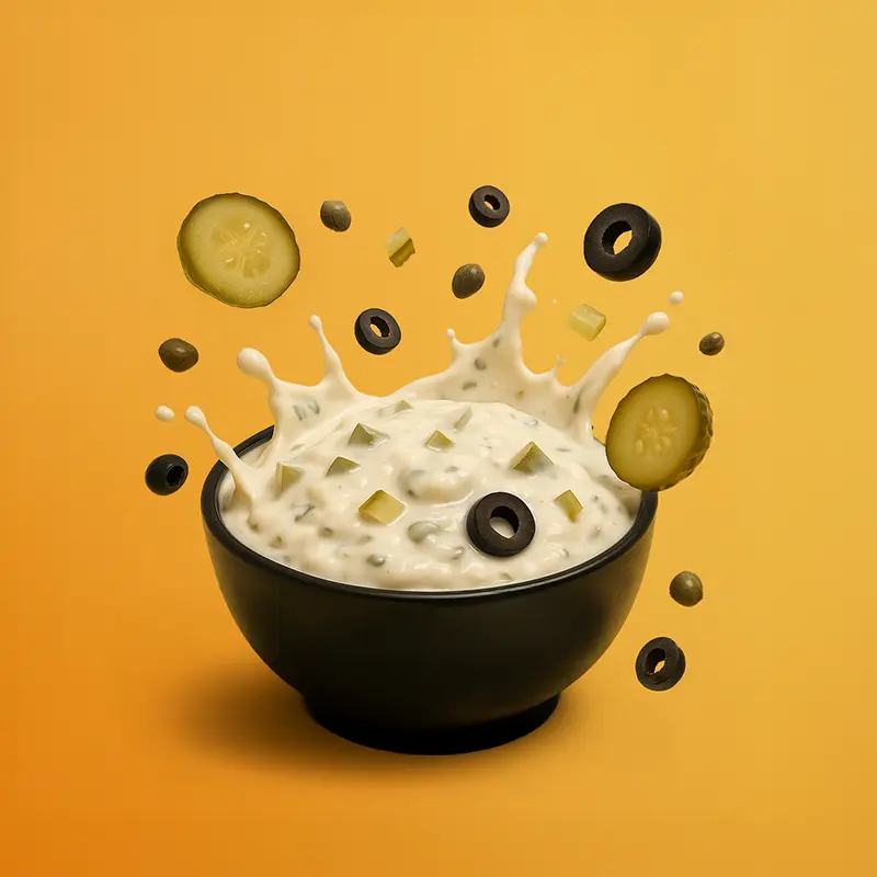 Salsa casera estilo street burger en bowl negro con ingredientes flotantes como aceitunas, pepinillos y alcaparras
