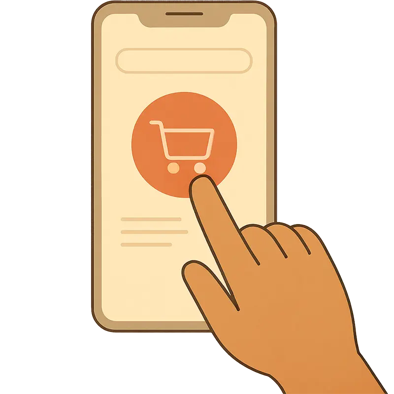 Ilustración de una mano tocando el botón de compra en un celular, representando una compra online