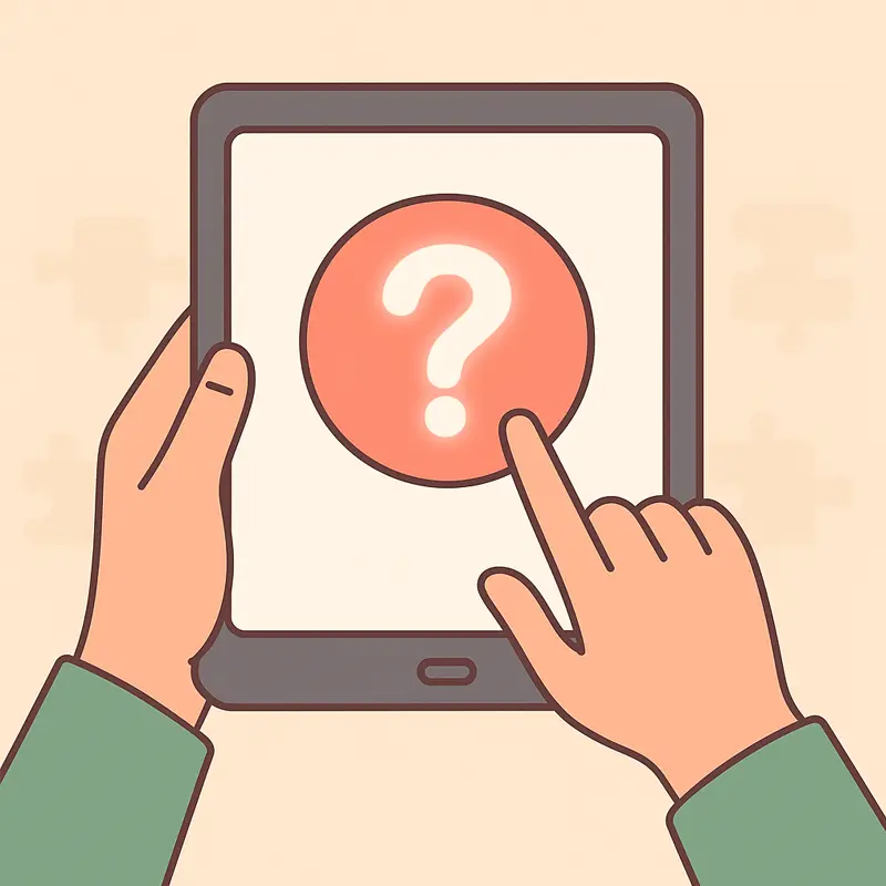 Ilustración minimalista de manos señalando un ícono de signo de interrogación en una tablet