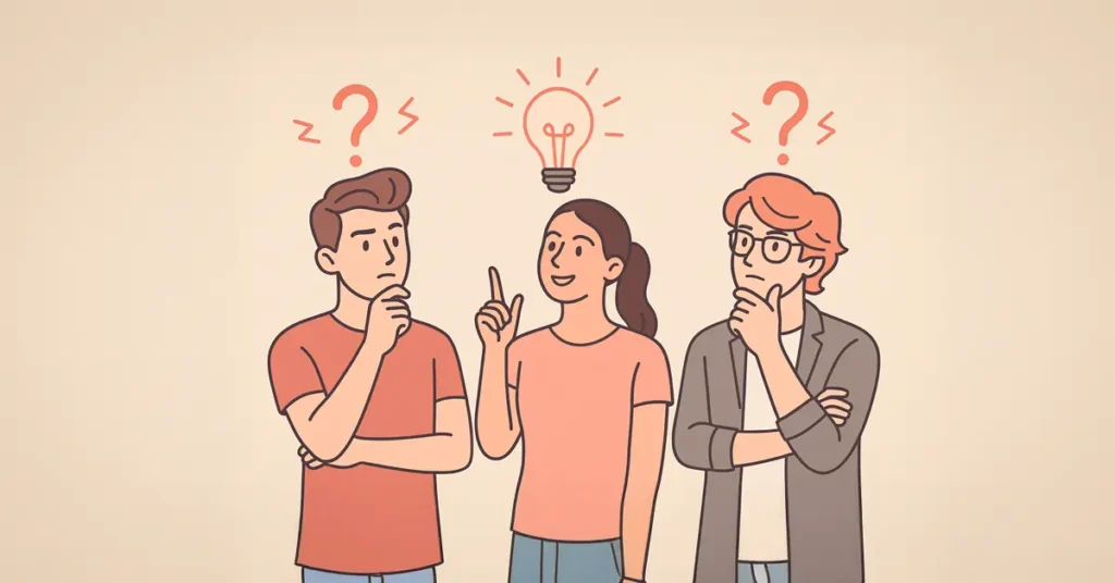 Ilustración de tres jóvenes pensando, con íconos de interrogación y bombillo sobre sus cabezas